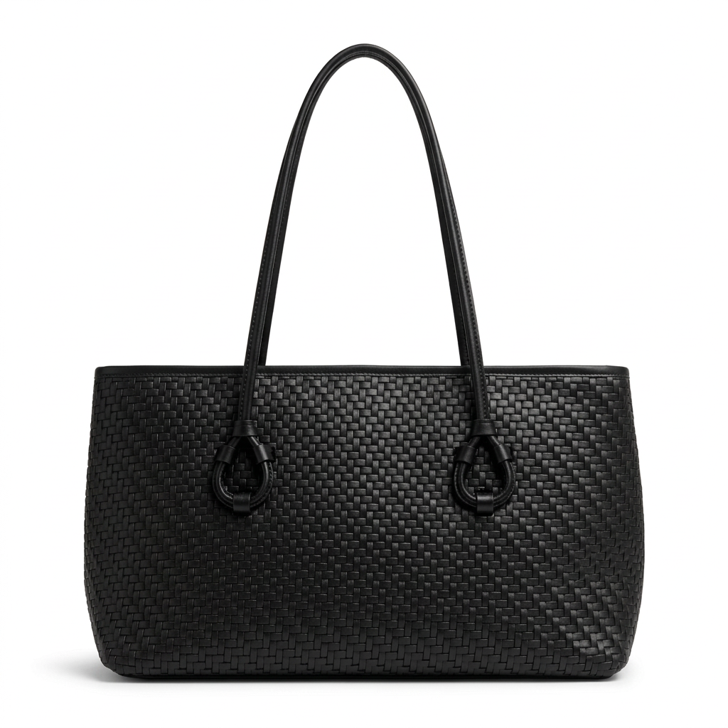 All-black tote with a shorter body and long handles on a white studio background