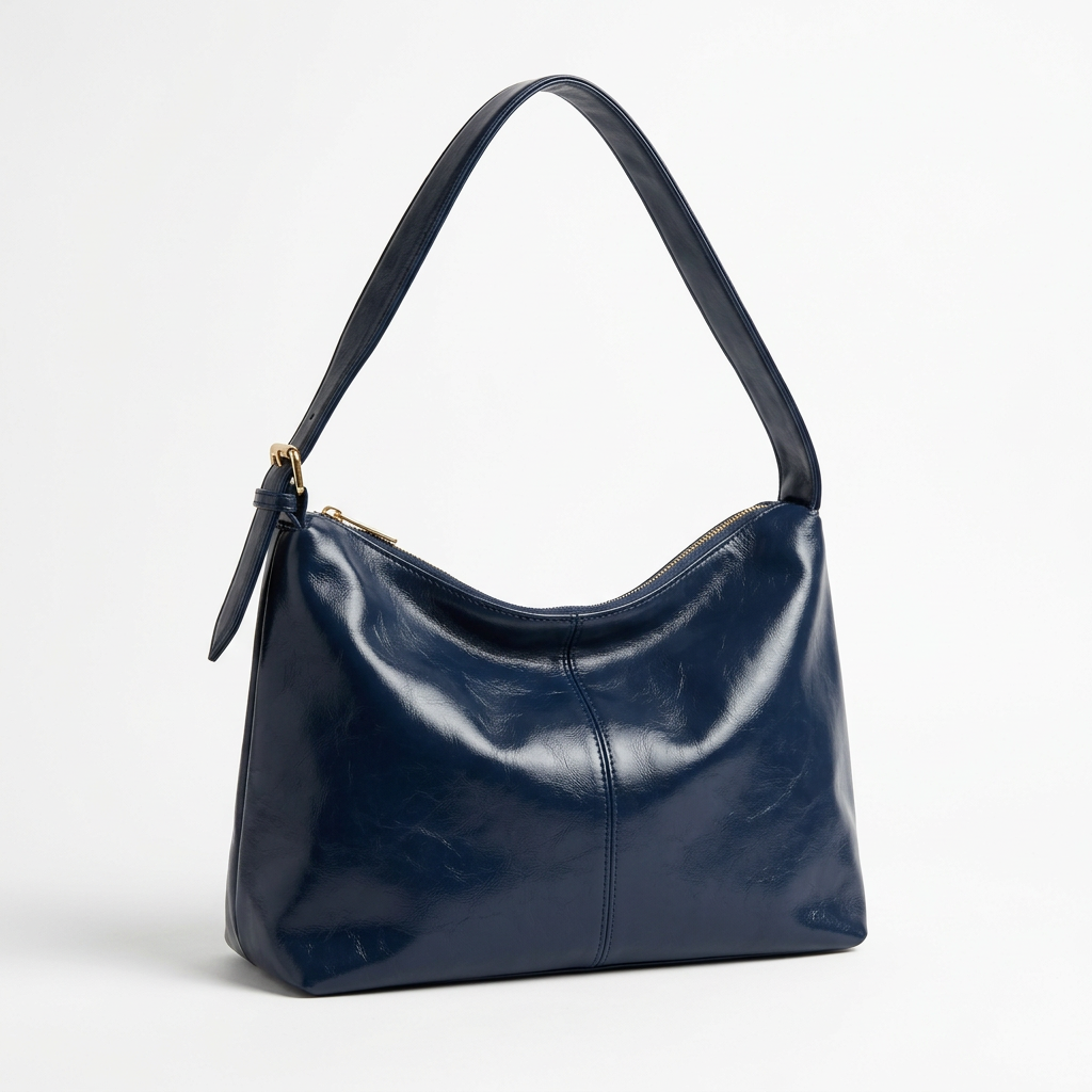 Dark navy-blue wide zipper shoulder bag on a white background