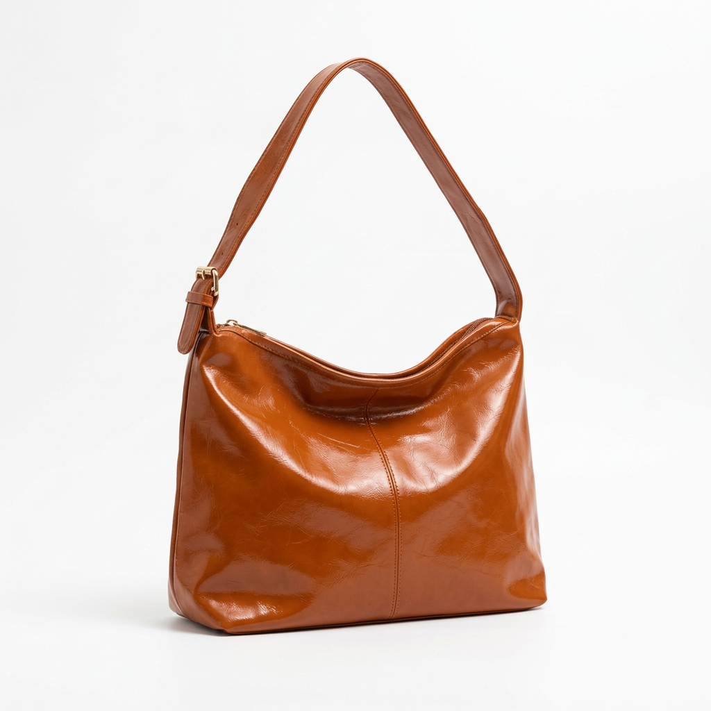 Caramel-brown wide zipper shoulder bag on a white background