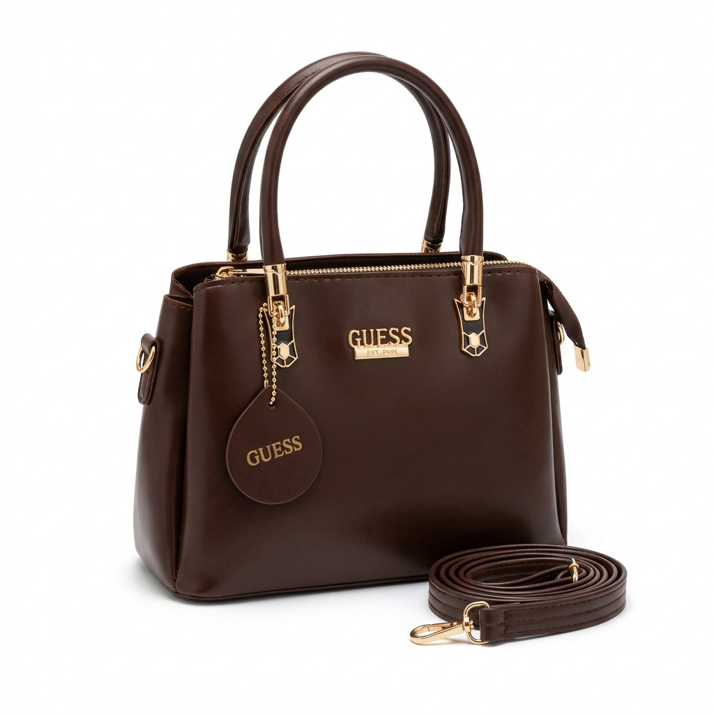 Brown handbag with gold-tone details and neatly arranged matching crossbody strap on a white background
