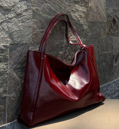 Large Capacity Leather Tote Bag - Burgundy
