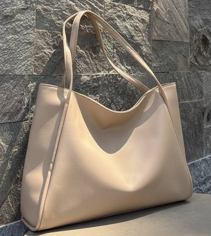 Large Capacity Leather Tote Bag - Beige