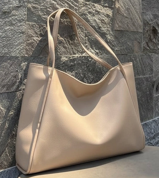 Large Capacity Leather Tote Bag - Beige