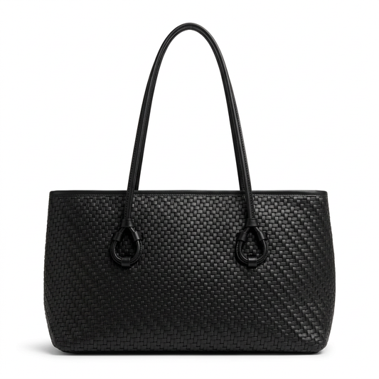 All-black tote with a shorter body and long handles on a white studio background