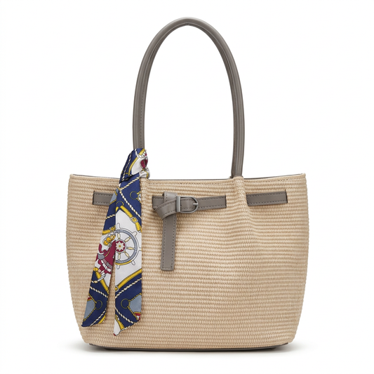 Bag with فراني medium-gray handles and buckle on a white studio background