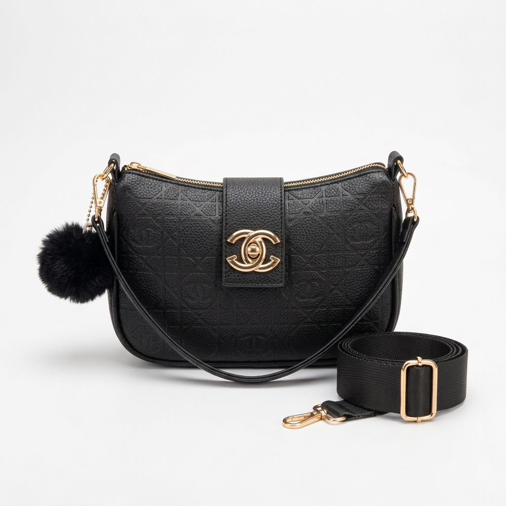 Black crossbody bag with gold-tone details, pom-pom, slim shoulder strap and wide adjustable crossbody strap