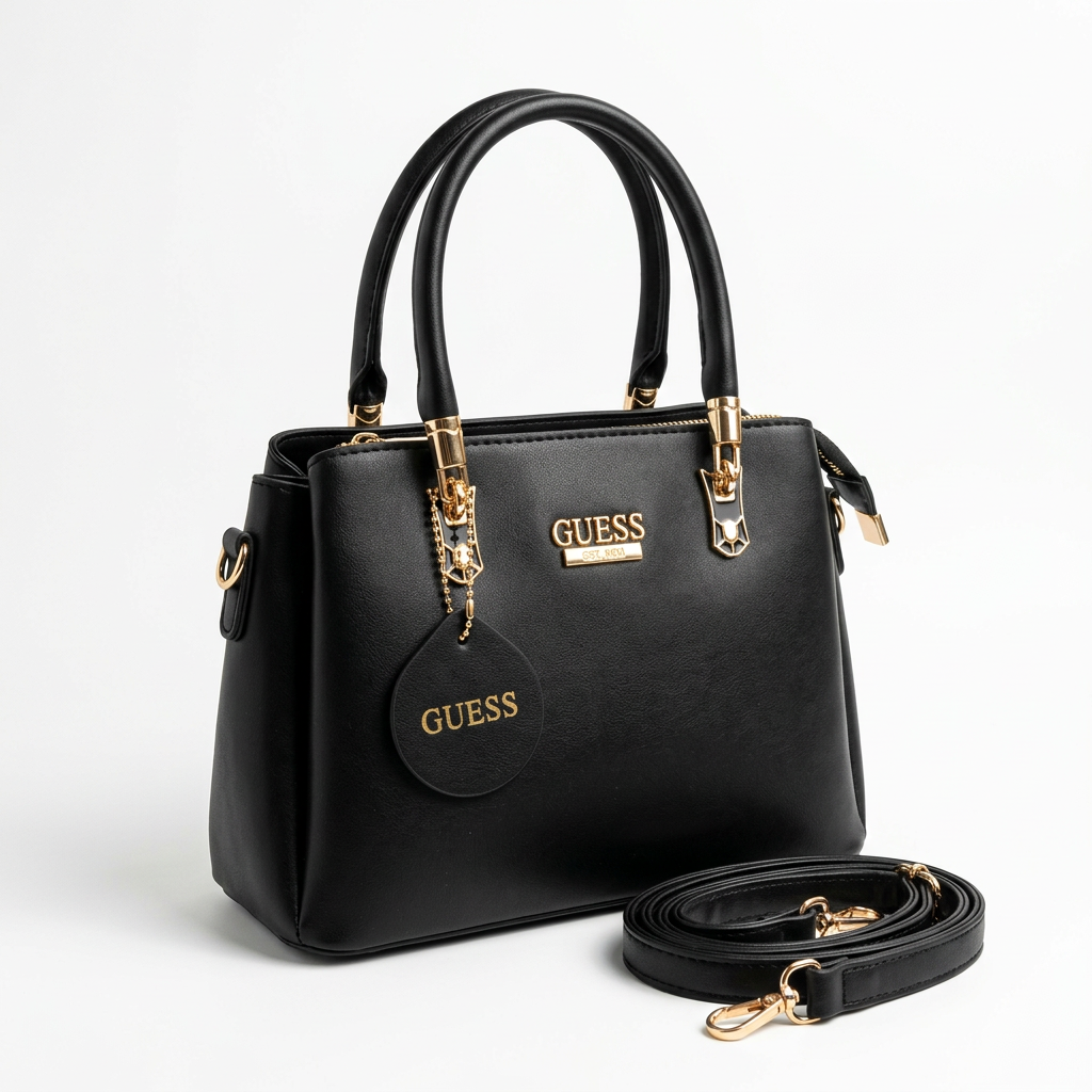 Black handbag with neatly arranged crossbody strap on a white studio background