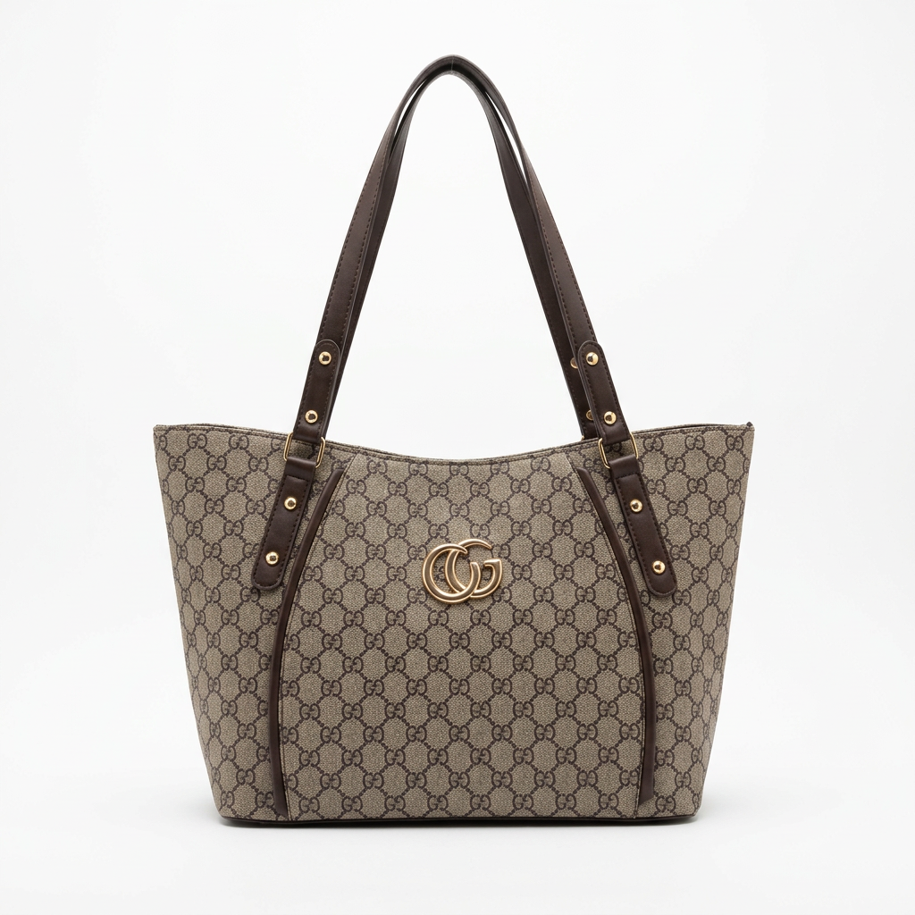 Brown patterned shoulder bag in a square white-background studio shot
