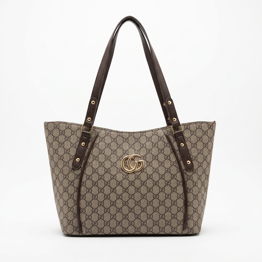 Brown patterned shoulder bag in a square white-background studio shot