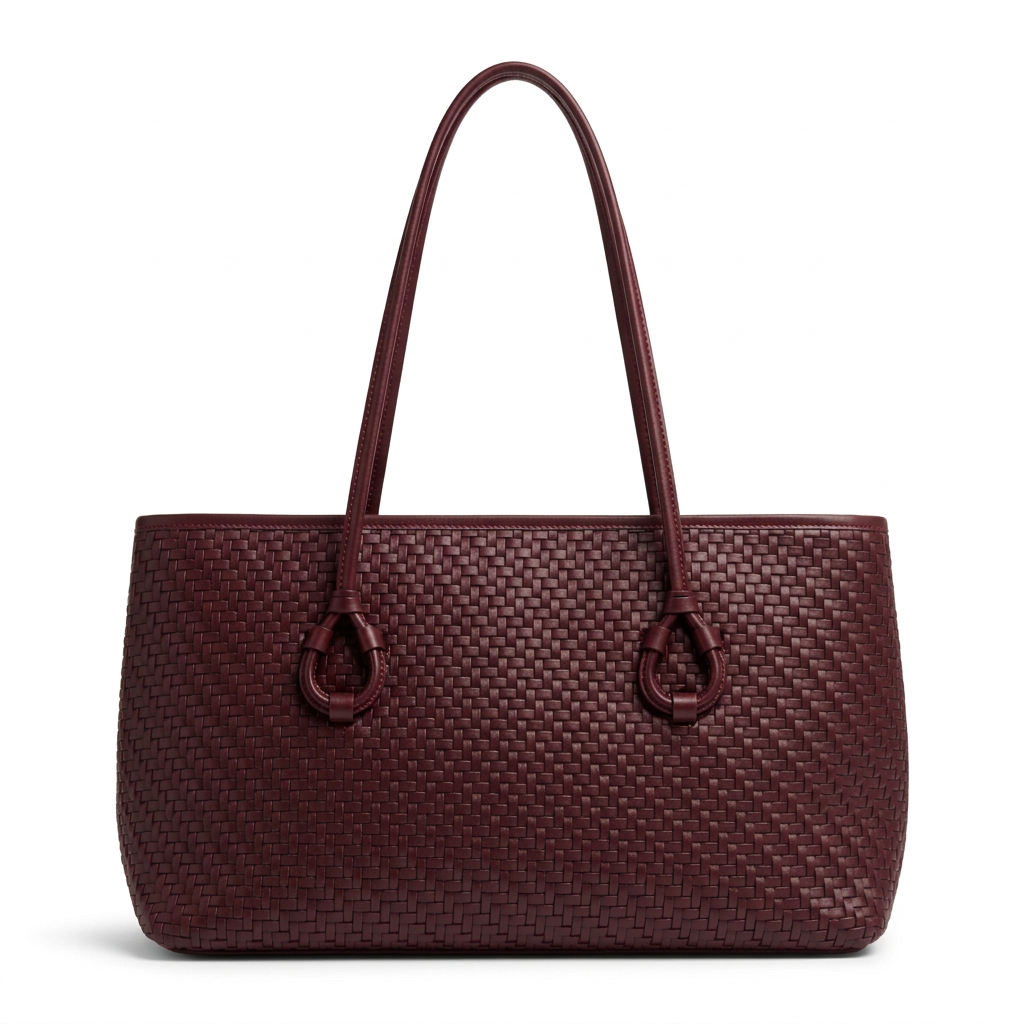Burgundy tote with a shorter body and long handles on a white studio background
