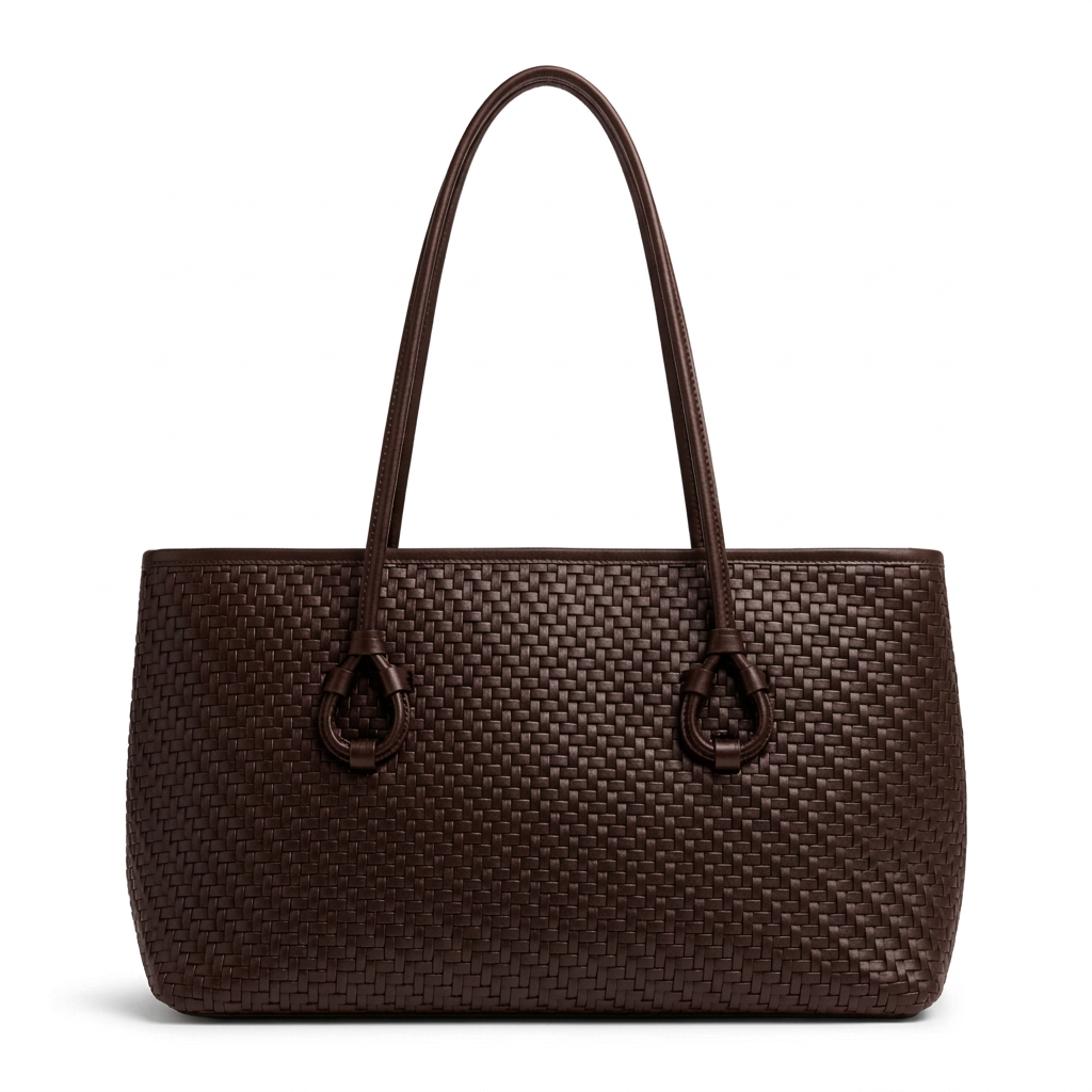 Chocolate-brown tote with a shorter body and long handles on a white studio background