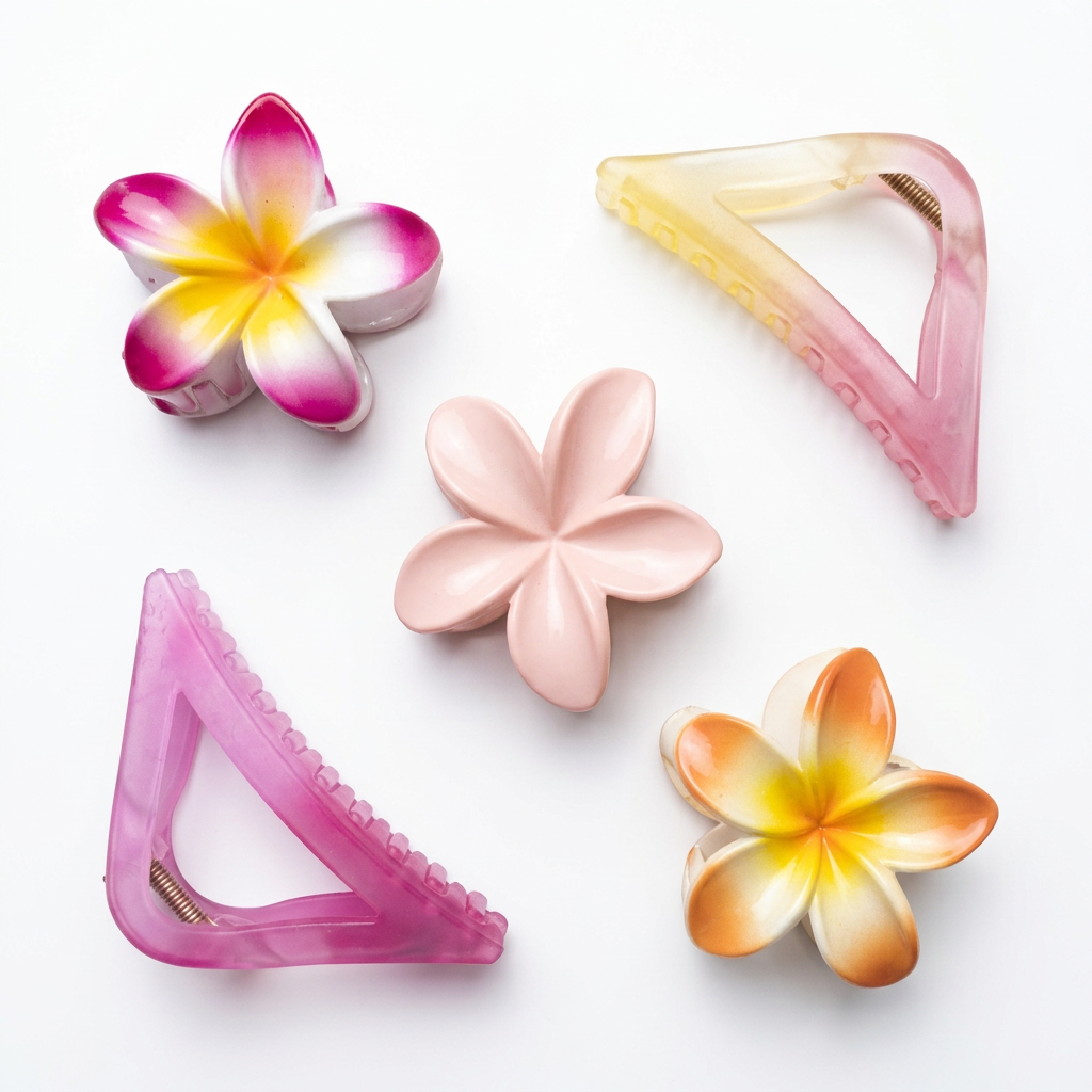 Flower and triangular hair accessories arranged on a white studio background