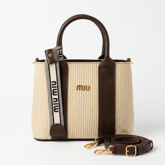 Compact cream woven bag with dark-brown trim and crossbody strap beside it