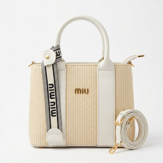 Compact cream woven bag with white trim and crossbody strap beside it