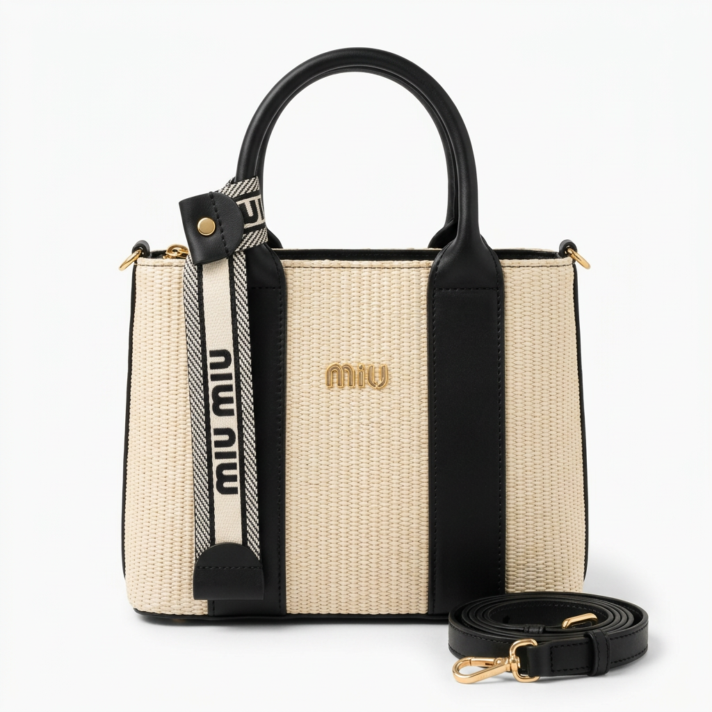 Compact cream woven bag with black trim and crossbody strap beside it