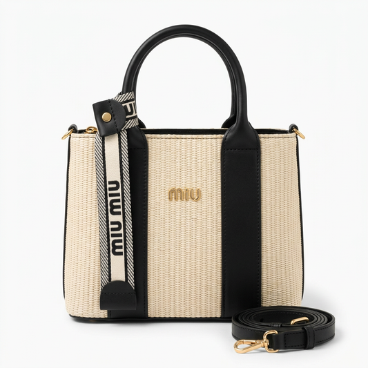 Compact cream woven bag with black trim and crossbody strap beside it