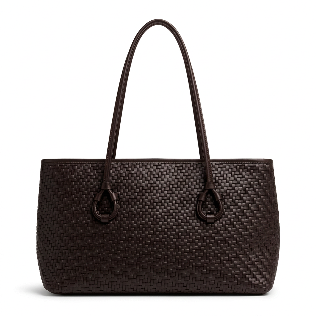 Dark-brown woven-effect tote with long handles on a white background