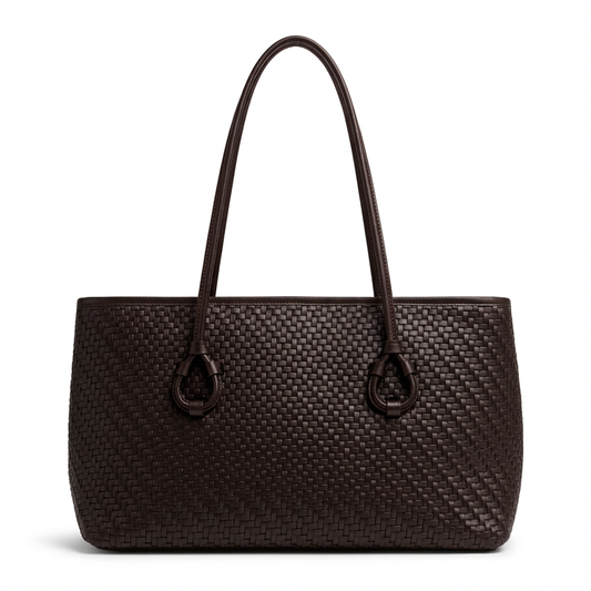 Dark-brown woven-effect tote with long handles on a white background