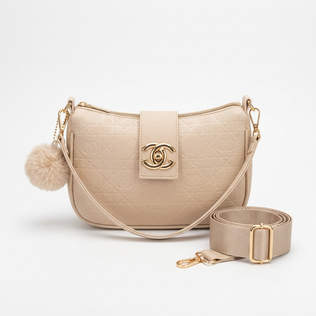 Light-beige bag showing both the slim shoulder strap and wide adjustable crossbody strap