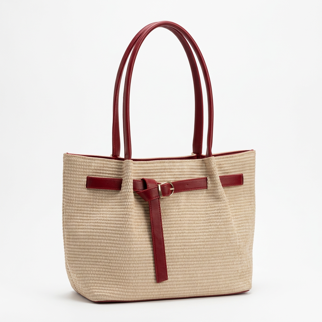 Square white-background studio image of the burgundy-handled woven bag