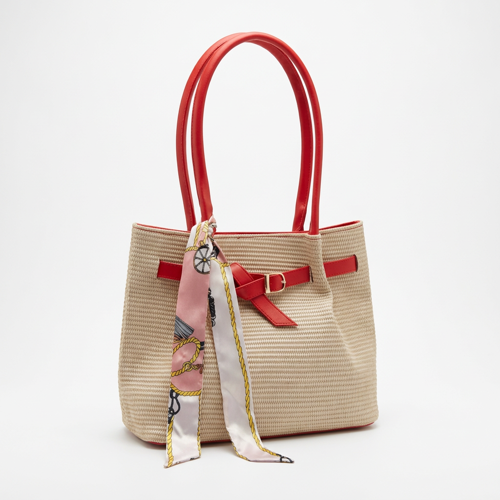 Square white-background studio image of the red-handled woven bag with its pink patterned scarf